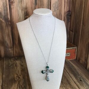 Ornate Sterling Cross Necklace with Green Onyx